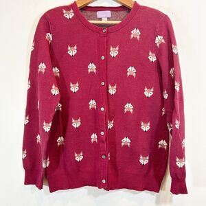 Laura Scott Red Fox Motif Knit Cardigan Sweater Size Large Forest Fairy Preppy
